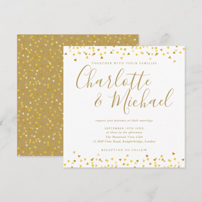 Invitation Mariage Carré de Script de Confettis à Cœurs Dorés (Devant / Derrière)
