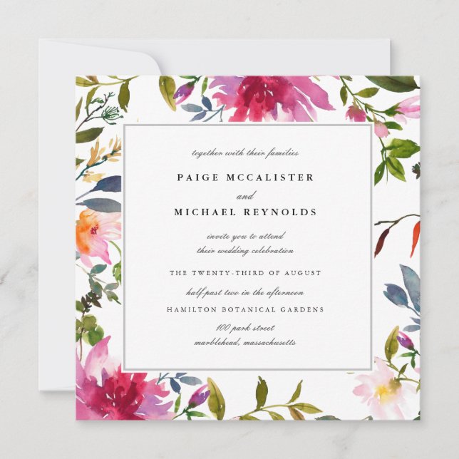 Invitation Mariage Carré Fleur sauvage rose chic (Devant)