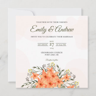 Invitation Mariage Carré Floral Aquarelle au Lys Pêche