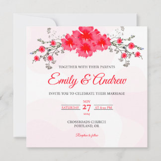 Invitation Mariage Carré Floral Aquarelle Cosmos Rose