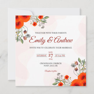 Invitation Mariage carré floral aquarelle rose-orange et eau