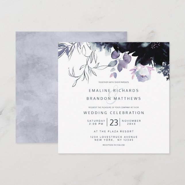 Invitation Mariage Carré floral noir Dusty (Devant / Derrière)