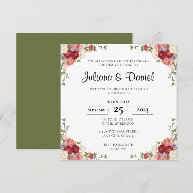 Invitation Mariage Carré floral rustique (Devant / Derrière)