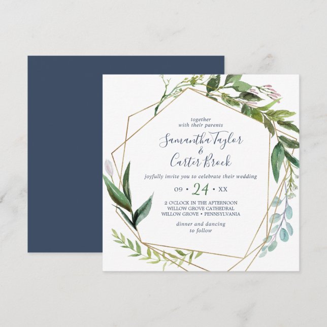 Invitation Mariage Carré géométrique de verdure d'été (Devant / Derrière)