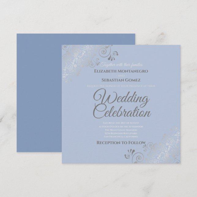 Invitation Mariage Carré gris bleu élégant Silver Filigree (Devant / Derrière)