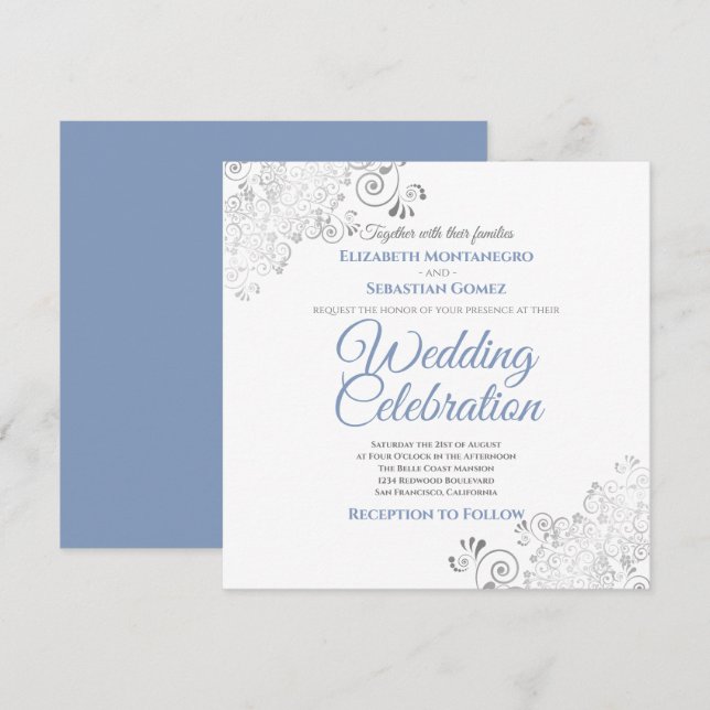 Invitation Mariage Carré gris bleu élégant Silver Filigree (Devant / Derrière)