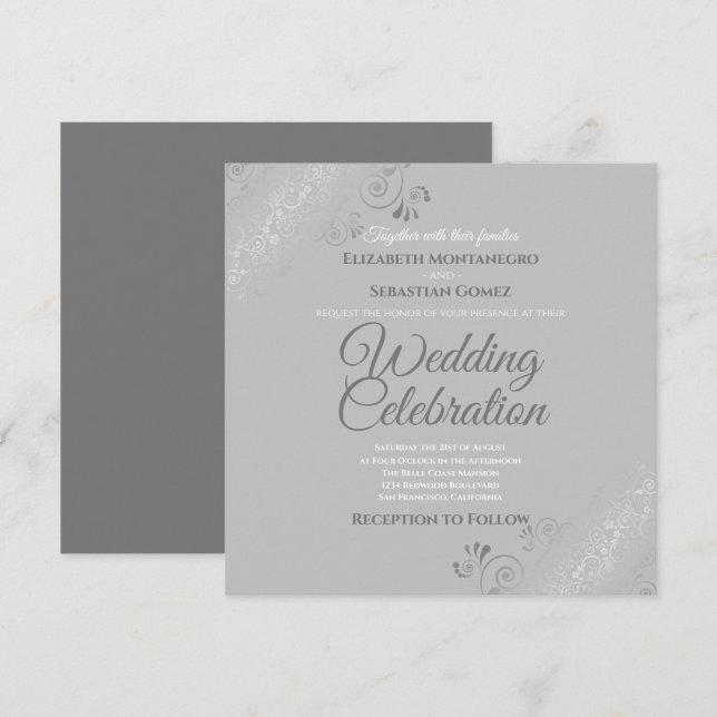 Invitation Mariage Carré gris élégant Silver Filigree (Devant / Derrière)