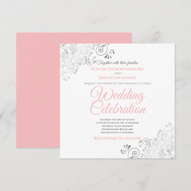 Invitation Mariage Carré gris rose élégant Silver Filigree (Devant / Derrière)
