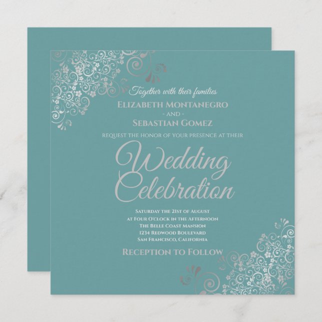 Invitation Mariage Carré Turquoise élégant Silver Filigree (Devant / Derrière)