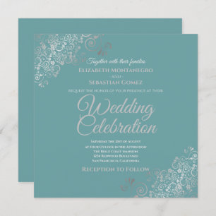 Invitation Mariage Carré Turquoise élégant Silver Filigree