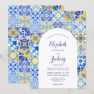Invitation Mariage Carreau Portugais Arc Jaune Bleu Rustique