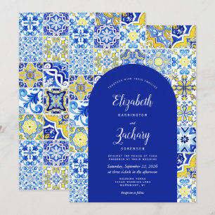 Invitation Mariage Carreau Portugais Jaune Arc Bleu Rustique