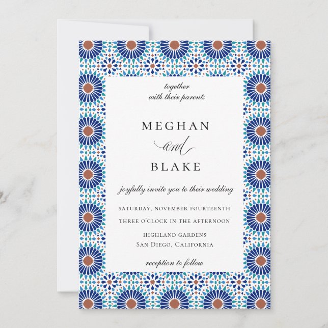 Invitation Mariage Carreaux Espagnols Géométriques Chic Rusti (Devant)