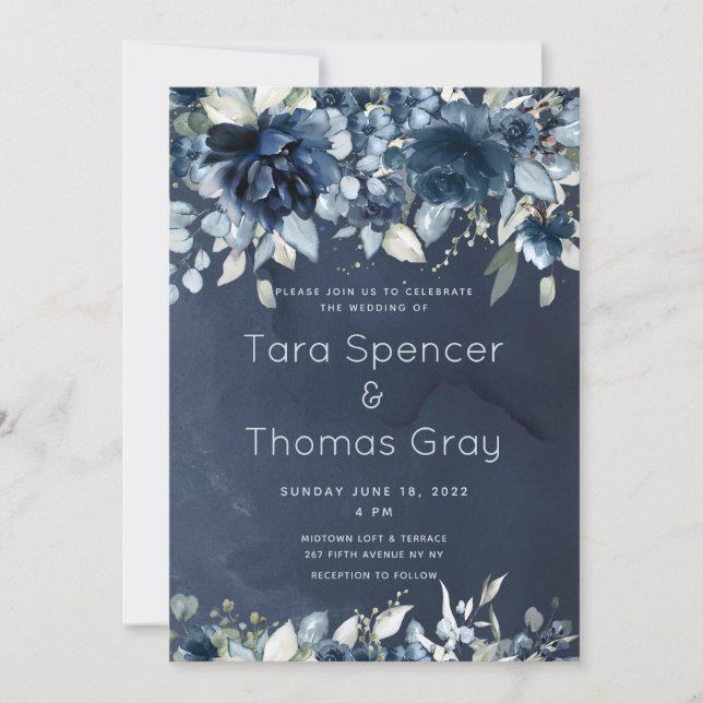 Invitation Mariage Cascading Navy Blue Peonies (Devant)