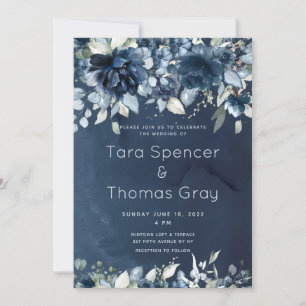 Invitation Mariage Cascading Navy Blue Peonies