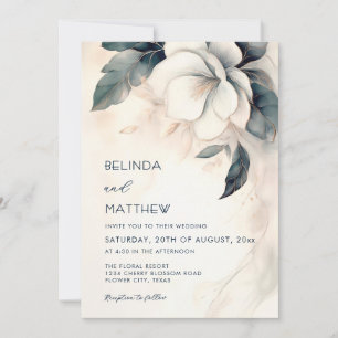Invitation Mariage Casual Fleur 3D en Beaux-Arts Bleu Ivoire