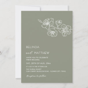 Invitation Mariage Casual Vert Sauge Fleurs Blanches