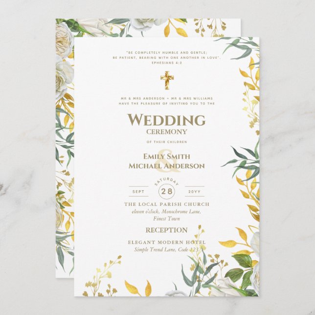 Invitation Mariage Catholique avec Décoration de Fleurs Blanc (Devant / Derrière)