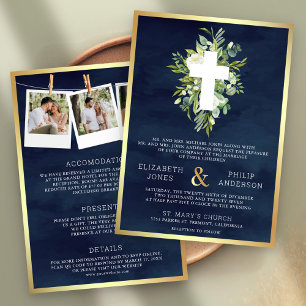 Invitation Mariage catholique Greenery Cross Navy Tout en Un