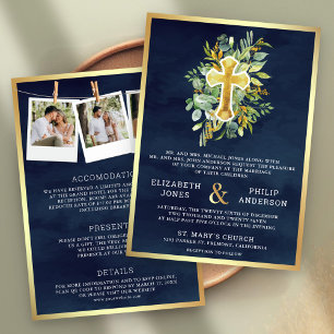 Invitation Mariage Catholique Tout en Un Vert Navy Or