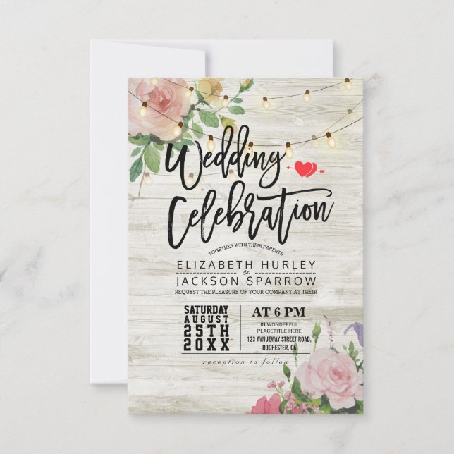 Invitation Mariage Célébration Bois blanc Chaîne Florale Lumi (Devant)