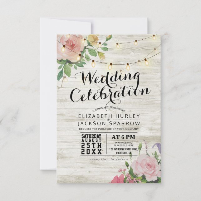 Invitation Mariage Célébration Bois blanc Chaîne Florale Lumi (Devant)
