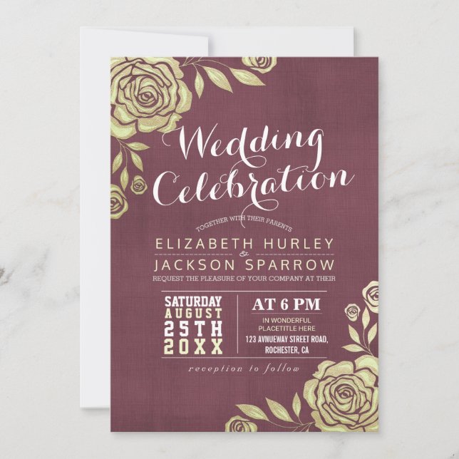 Invitation Mariage Célébration Or moderne Roses Bourgogne Rou (Devant)