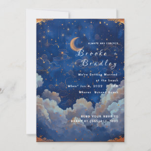 Invitation Mariage céleste bleu foncé et or
