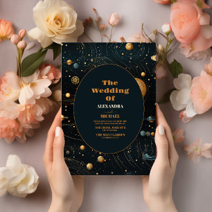 Invitation Mariage céleste bleu mystique de minuit or
