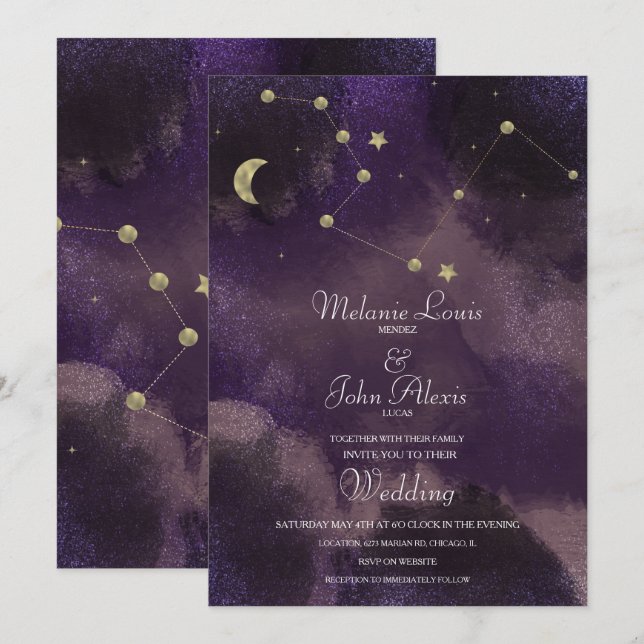 Invitation Mariage céleste de la constellation d'or de la lun (Devant / Derrière)