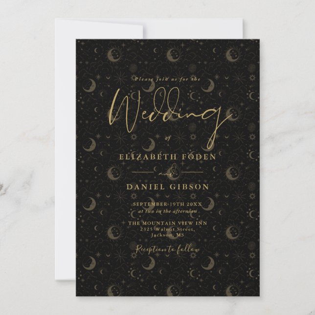 Invitation Mariage céleste de la lune noir et or (Devant)