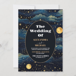 Invitation Mariage céleste de minuit bleu étoiles de lune