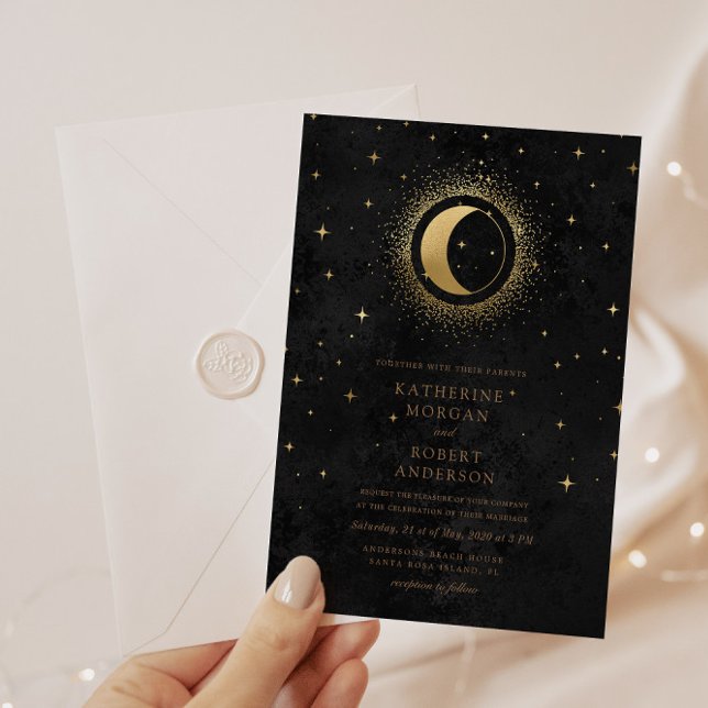 Invitation Mariage céleste de minuit noir étoiles lune (Créateur téléchargé)