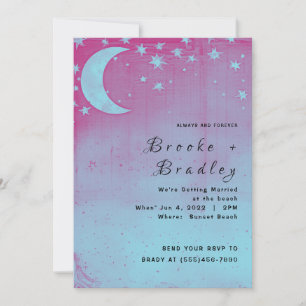 Invitation Mariage céleste du croissant de lune rose et bleu