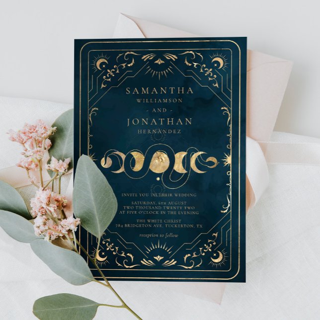 Invitation Mariage céleste élégant bleu marine et or Faux (Créateur téléchargé)