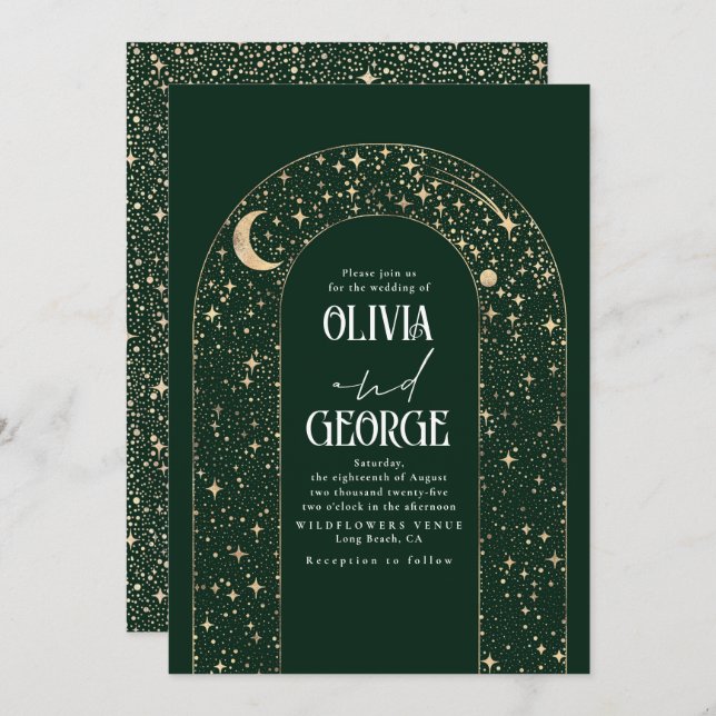Invitation Mariage céleste Emerald Green Night Sky Stars (Devant / Derrière)