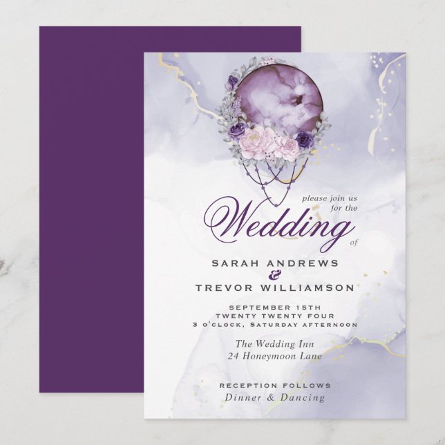 Invitation Mariage céleste ésotérique dusté pourpre (Devant / Derrière)