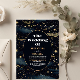 Invitation Mariage Céleste Étoiles Bleu Minuit Lune