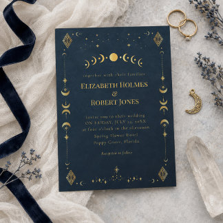 Invitation Mariage céleste gothique bleu de minuit or