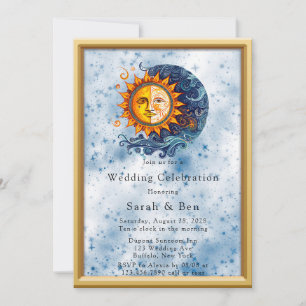 Invitation Mariage céleste jaune bleu soleil lune