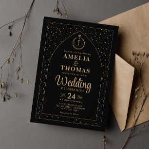 Invitation Mariage céleste Lune et Étoile Noire et Or