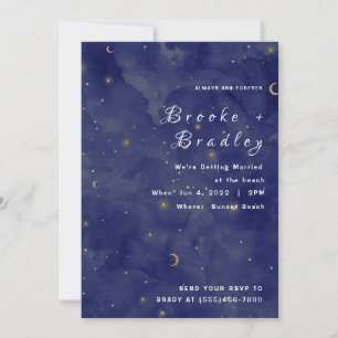Invitation Mariage céleste Lune & Étoiles Bleu foncé
