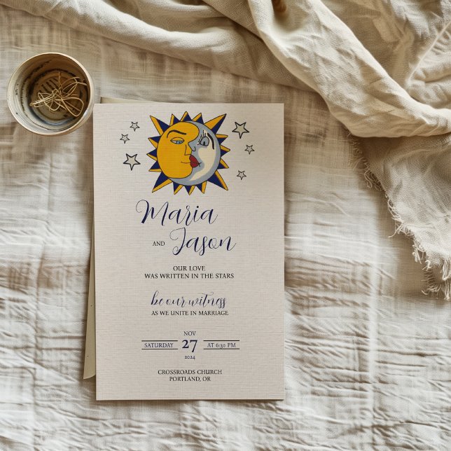 Invitation Mariage céleste mystique de la lune de soleil mexi (Mexican Sun Moon Stars Mystical Celestial Wedding Invitation)