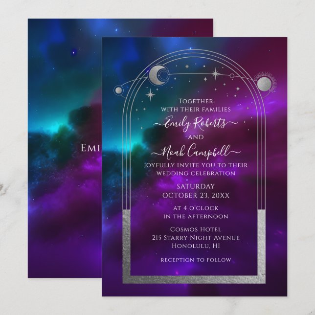 Invitation Mariage céleste Violet Turquoise Soleil Lune Étoil (Devant / Derrière)