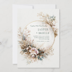Invitation Mariage Cercle Doré Aquarelle Sarcelle Atténuée
