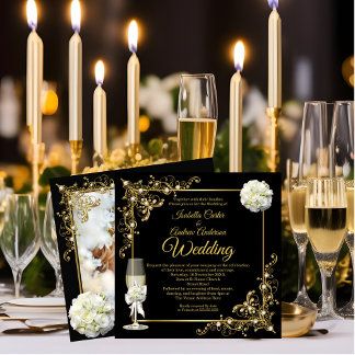 Invitation Mariage Champagne Black Gold Pearl Photo