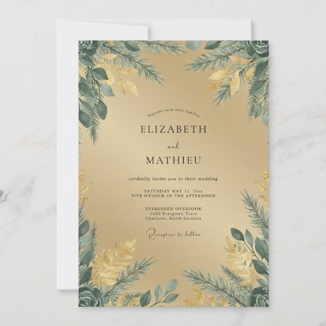 Invitation Mariage Champagne Feuillage Olive Eucalyptus (Devant)
