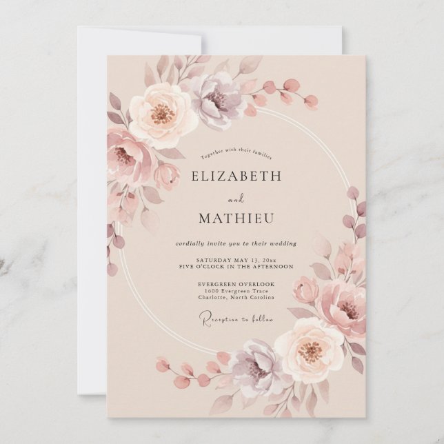 Invitation Mariage Champagne Pivoine Mauve (Devant)