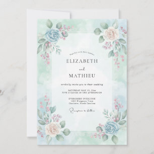 Invitation Mariage Champagné Ranunculus Eucalyptus Ciel