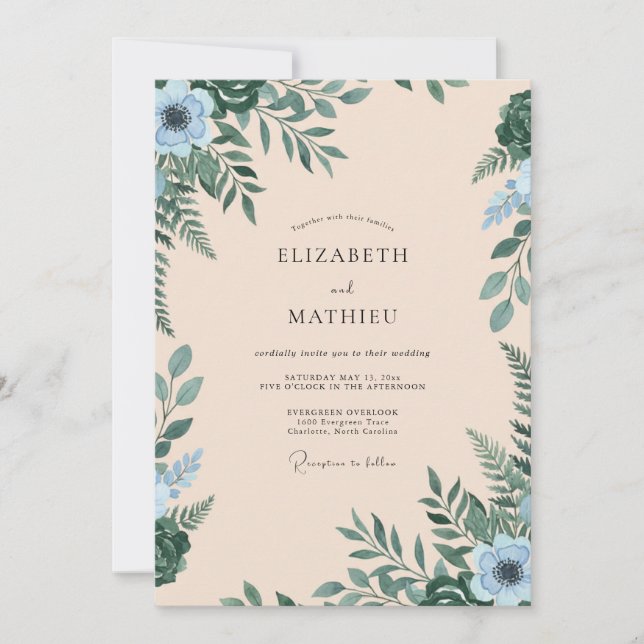 Invitation Mariage Champagne Teal Feuillage Eucalyptus (Devant)